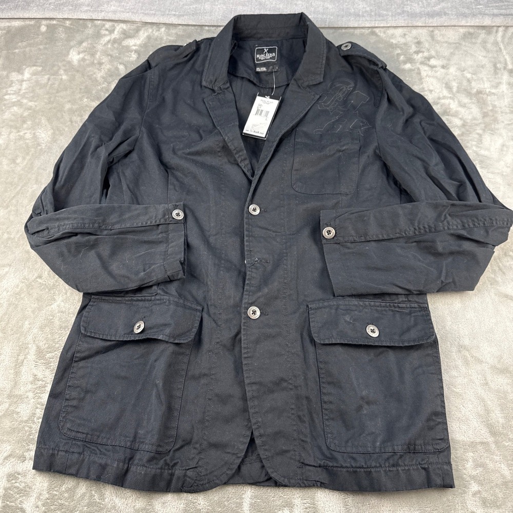 Marc Eckoโ Mens Black Cotton Utility Blazer Military Jacket Graphic Large NEW